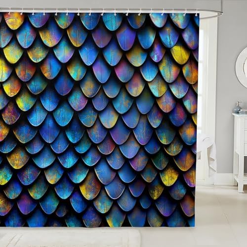 Erosebridal Mermaid Scales Shower Curtain Set Dark Blue Fish Scales for Kids