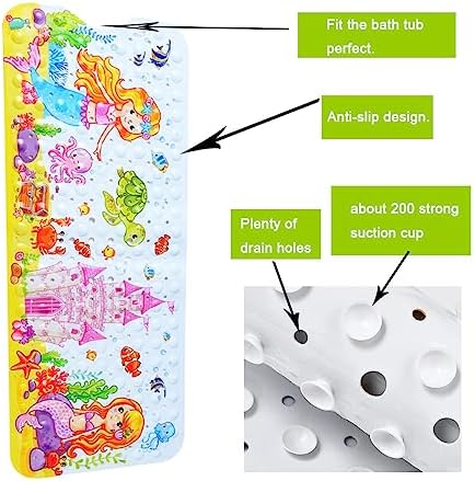 Non-Slip Bath Mat with Suction Cups Mermaid Design 40x16 Inch