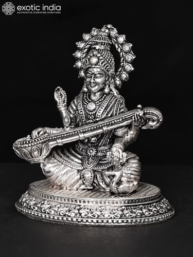 Devi Saraswati Veena Playing Silver Plated Brass Statue