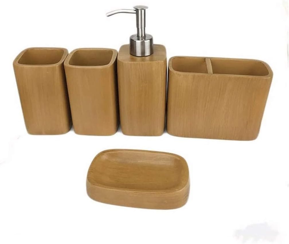HELGN Countertop Soap Dispenser Set 5 Pieces Natural Marble Wood Grain