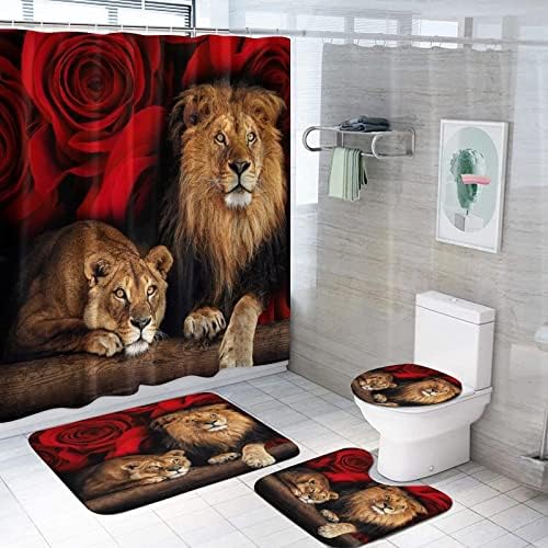 Jieprom 4PCS Red Rose and Lion Bathroom Set with Rugs and Mat