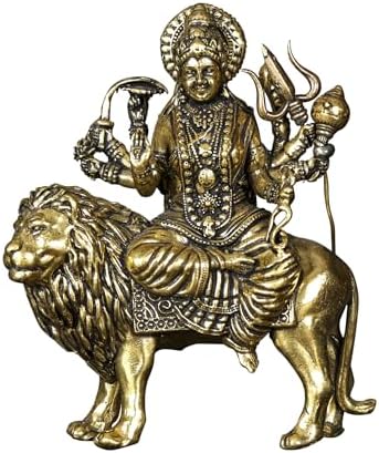 Exotic India Maa Sherawali Brass Statue 4-Armed Lion Rider