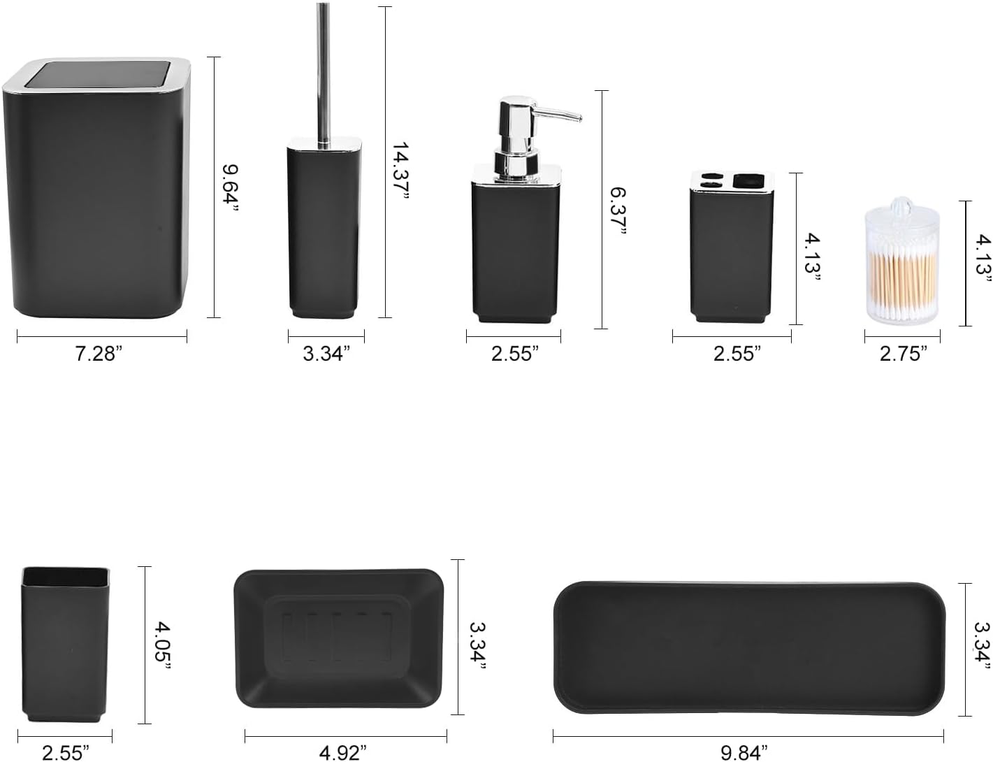 Black Bathroom Accessories Set 8-Piece with Trash Can and Qtip Holder