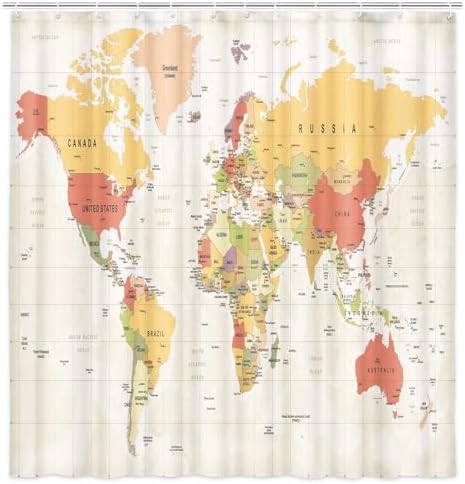 World Map Shower Curtain with Hooks 72x72IN 1
