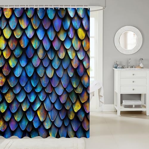 Erosebridal Mermaid Scales Shower Curtain Set Dark Blue Fish Scales for Kids