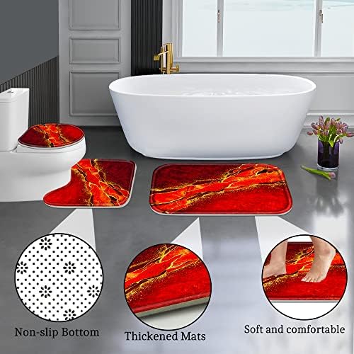 Poedist 4 Pcs Gold Edge Marble Shower Curtain Set with Hooks and Mats