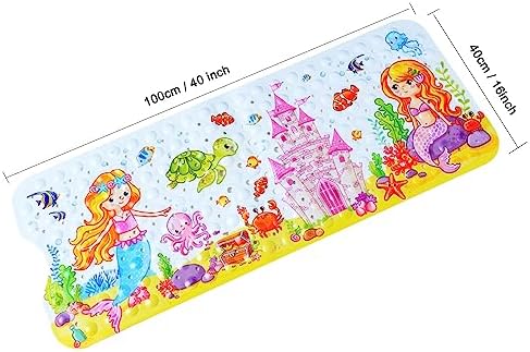 Non-Slip Bath Mat with Suction Cups Mermaid Design 40x16 Inch