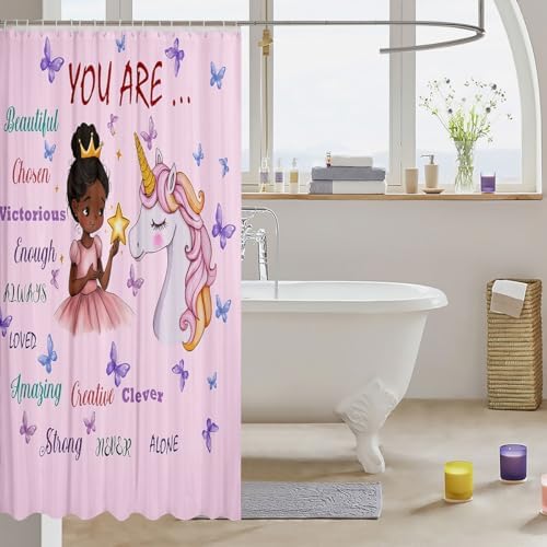 Erosebridal Black Girl Unicorn Shower Curtain Set