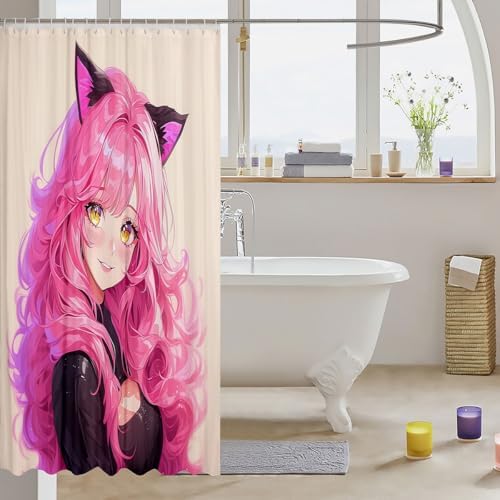 Erosebridal Kawaii Cat Girl Shower Curtain Set 1
