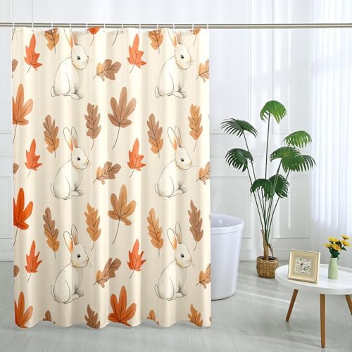 Fall Cartoon Rabbit Shower Curtain Set with 12 Hooks