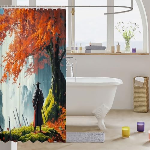 Jejeloiu Japanese Samurai Shower Curtain Set