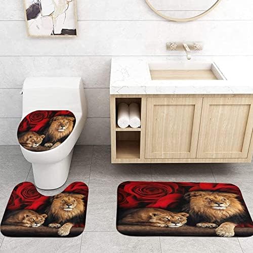 Jieprom 4PCS Red Rose and Lion Bathroom Set with Rugs and Mat