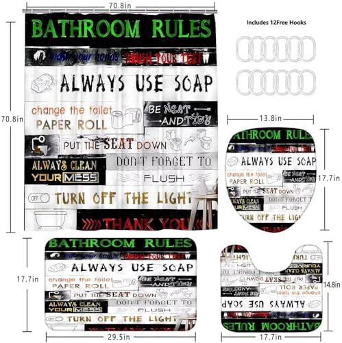 AZHM Letter Plank Pattern Shower Curtain Set 4 Pcs Black