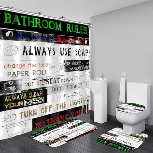 AZHM Letter Plank Pattern Shower Curtain Set 4 Pcs Black
