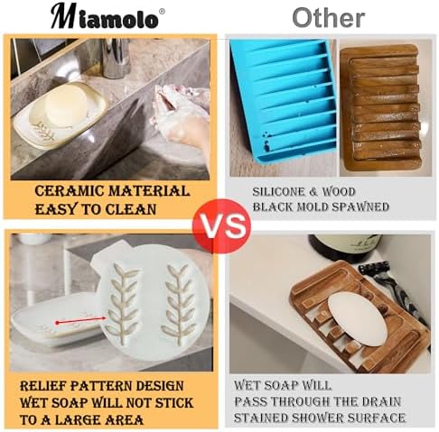 Miamolo Ceramic Soap Dish Holder 1-2 Bars Non-Slip Easy to Clean