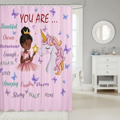 Erosebridal Black Girl Unicorn Shower Curtain Set
