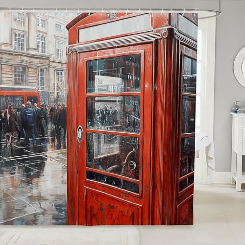 Feelyou London Themed Shower Curtain 72x72 Retro Phone Booth Bath Curtain Set