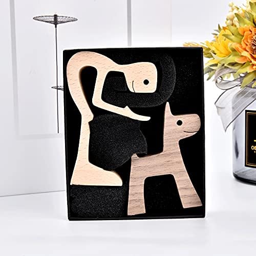 KINGNOW Accent Decor Men and Dog Wooden Statue