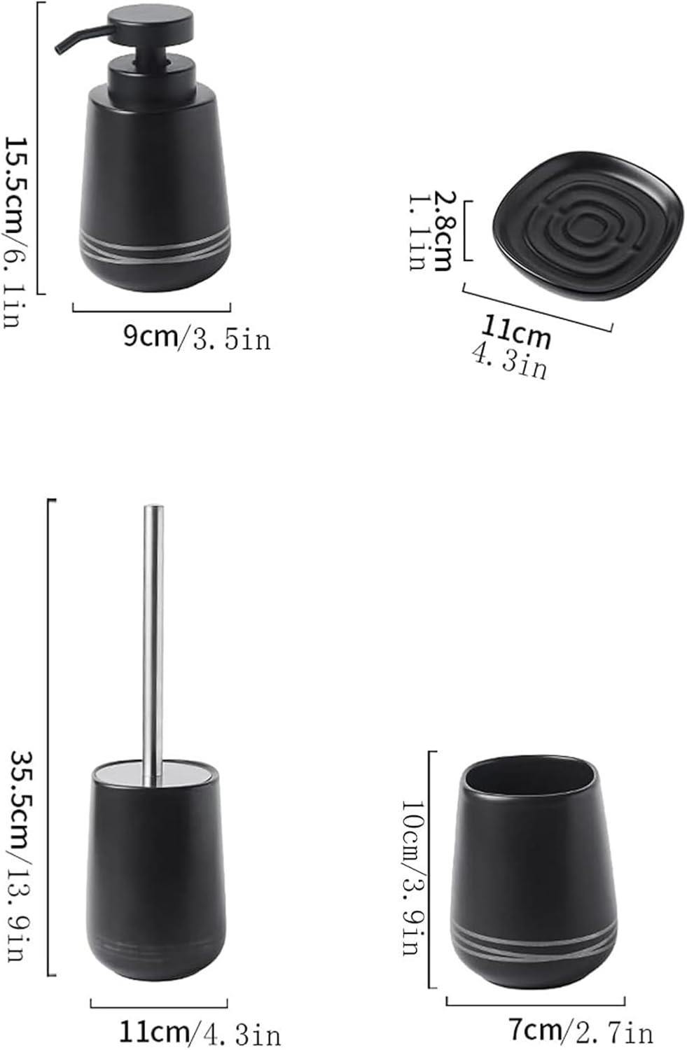 4-Piece Bathroom Dispenser Set with Pump Black