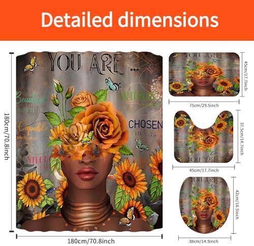 4Pcs African Woman Shower Curtain Set with Rugs and Hooks