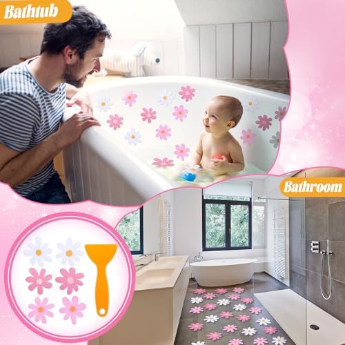 Chiisong 24 Pcs Flower Anti Slip Bathtub Sticker Pink