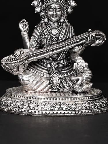 Devi Saraswati Veena Playing Silver Plated Brass Statue