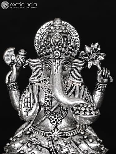 Exotic India Small Superfine Ganesha Seated on Lotus Silver Plated Brass Statue 1