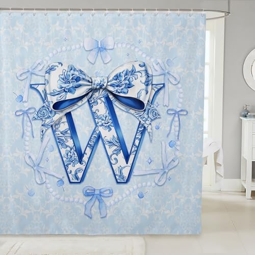 Erosebridal Blue Floral Bow Shower Curtain Set