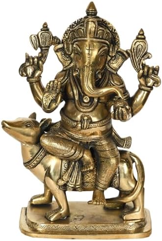 Brass Ganesha on Rat Statue 10 Inch Pooja Figurine