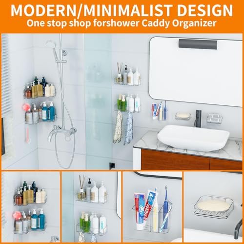 SUOXING 7 Pack Adhesive Shower Caddies Clear Acrylic 8 Hooks No Drilling