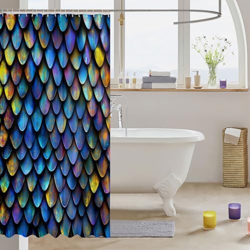 Erosebridal Mermaid Scales Shower Curtain Set Dark Blue Fish Scales for Kids