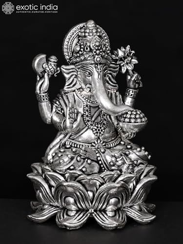 Exotic India Small Superfine Ganesha Seated on Lotus Silver Plated Brass Statue 1