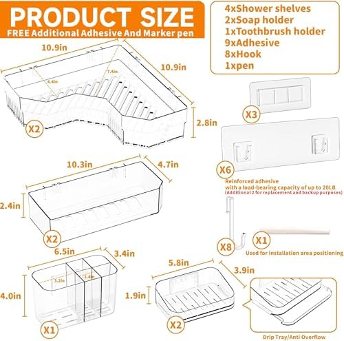 SUOXING 7 Pack Adhesive Shower Caddies Clear Acrylic 8 Hooks No Drilling