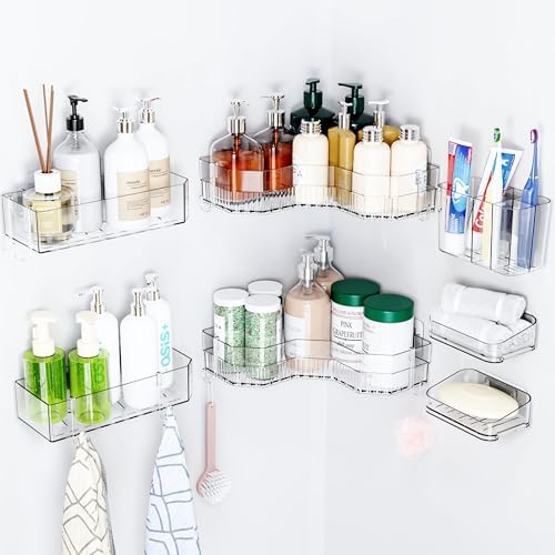 SUOXING 7 Pack Adhesive Shower Caddies Clear Acrylic 8 Hooks No Drilling