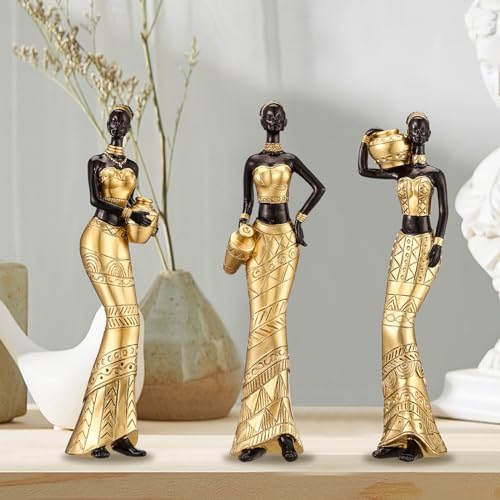 CYYKDA 3 Pack African Art Sculptures Gold Statues