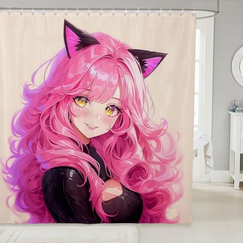 Erosebridal Kawaii Cat Girl Shower Curtain Set 1