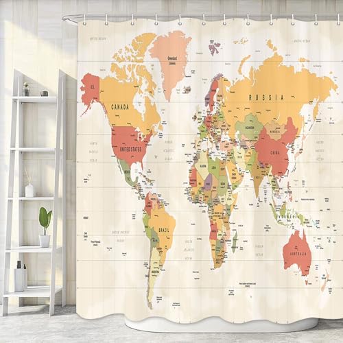 World Map Shower Curtain with Hooks 72x72IN 1