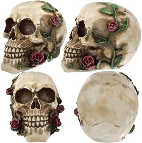 READAEER Human Skull Rose Resin Statue Home Decor