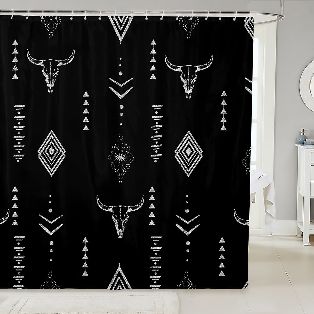 Erosebridal Bull Skull Shower Curtain 72x72 Black Silver