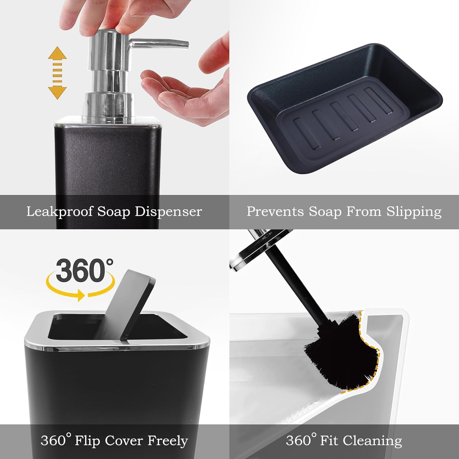 Black Bathroom Accessories Set 8-Piece with Trash Can and Qtip Holder