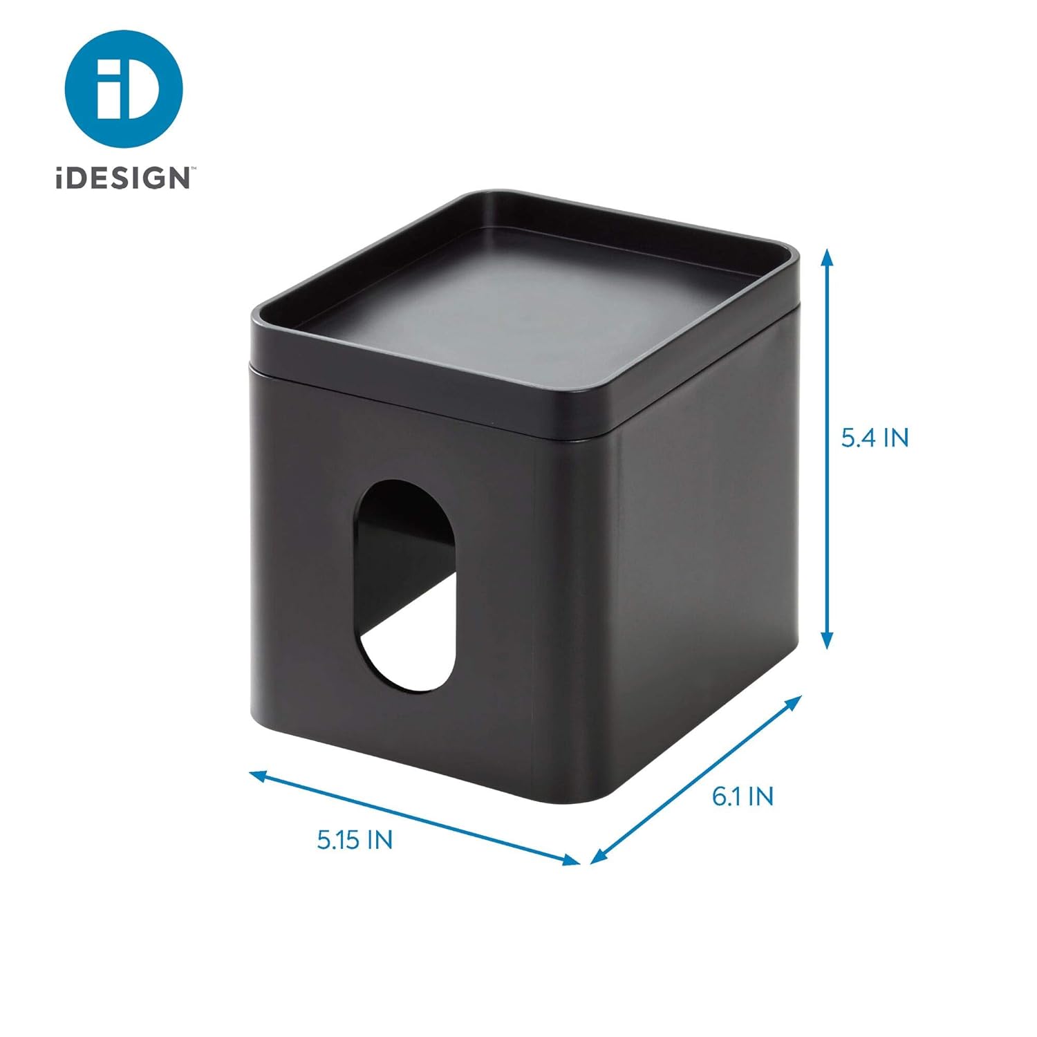 iDesign Facial Tissue Box Cover with Storage Tray Matte Black