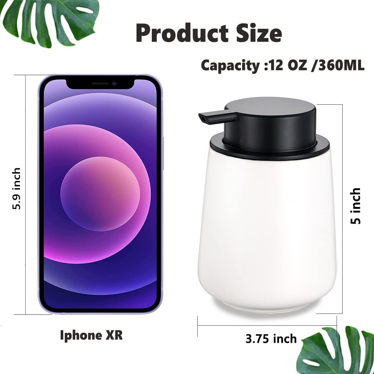 Eyrozia 12Oz White Ceramic Soap Dispenser with Black Pump