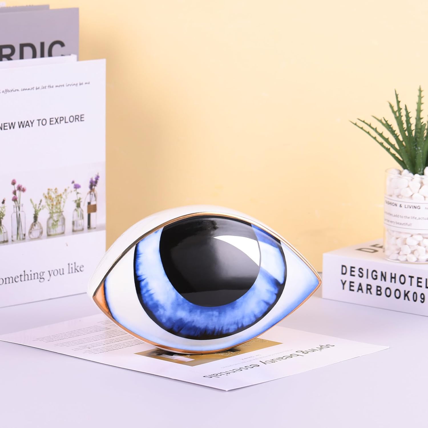 Blue Ceramic Eye Sculpture Modern Decor