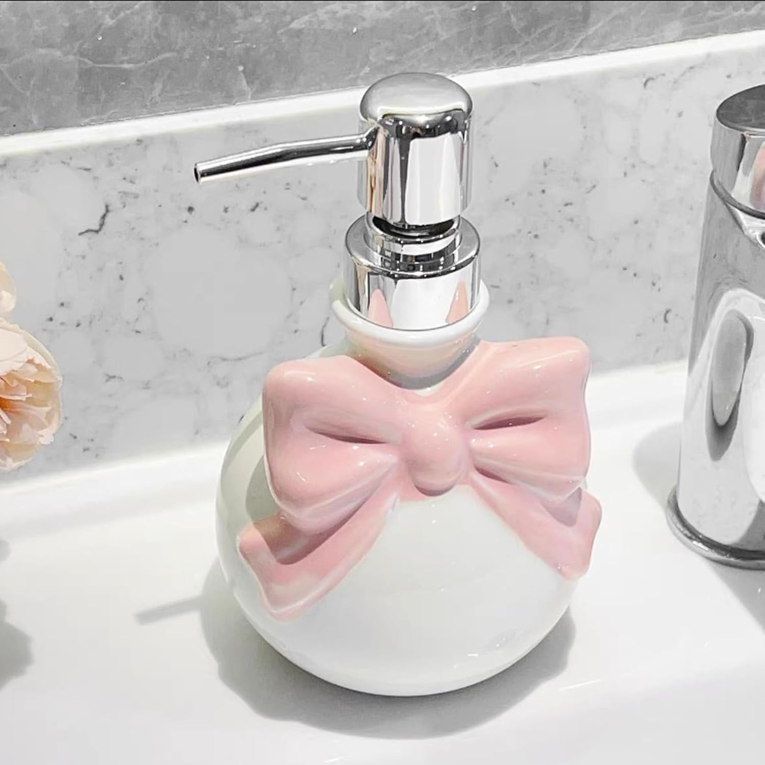 Ceramic Soap Dispenser with Bow 12oz Refillable for Kitchen and Bathroom