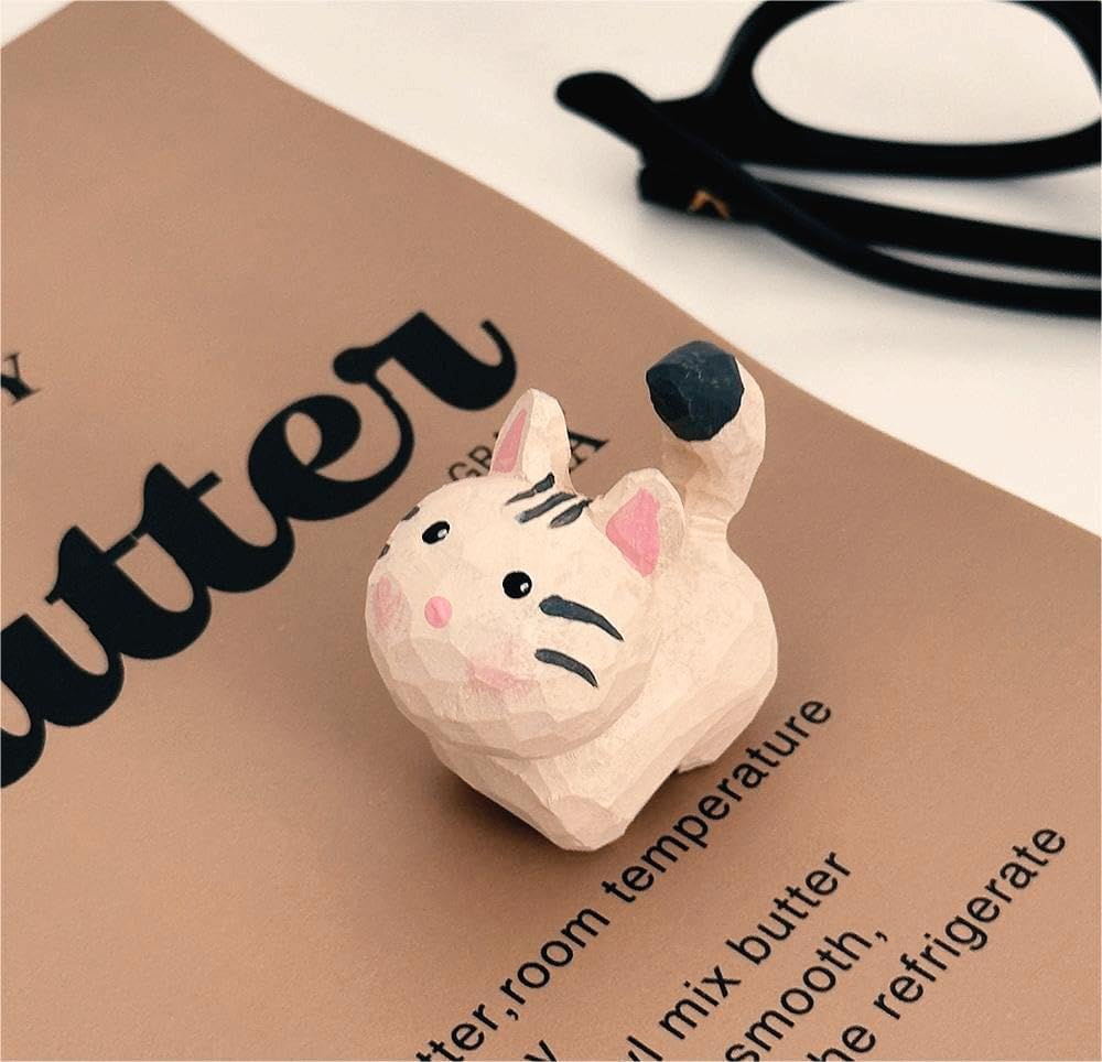 ShaoAngDuoMi Cute Mini Carved Wooden Cat Figurines 4PCS
