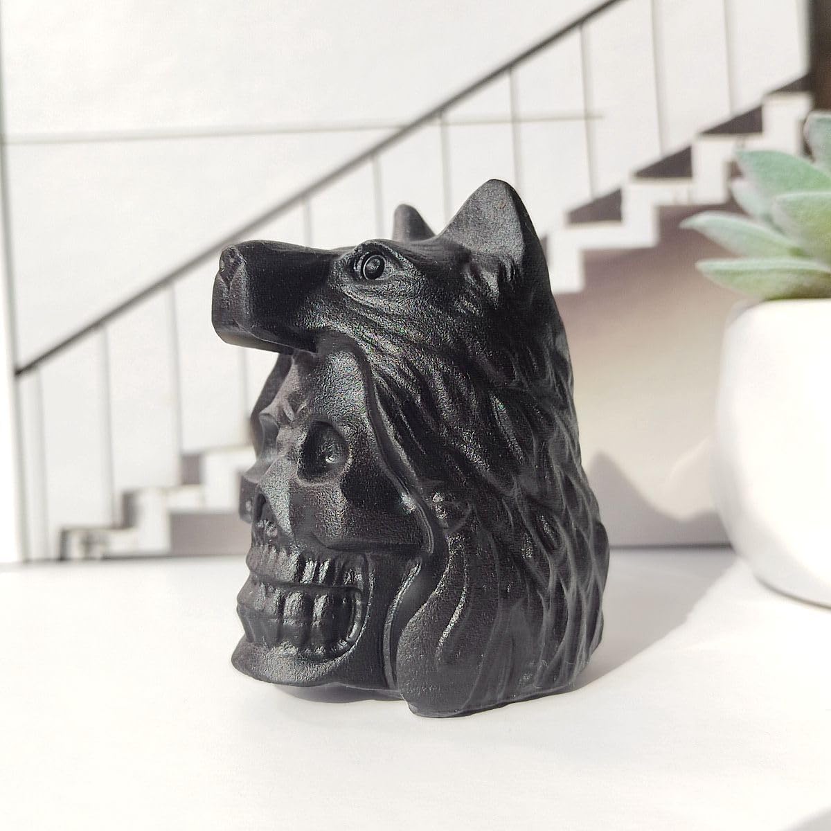 Obsidian Skull Wolf Crystal Figurine Decor Sculpture