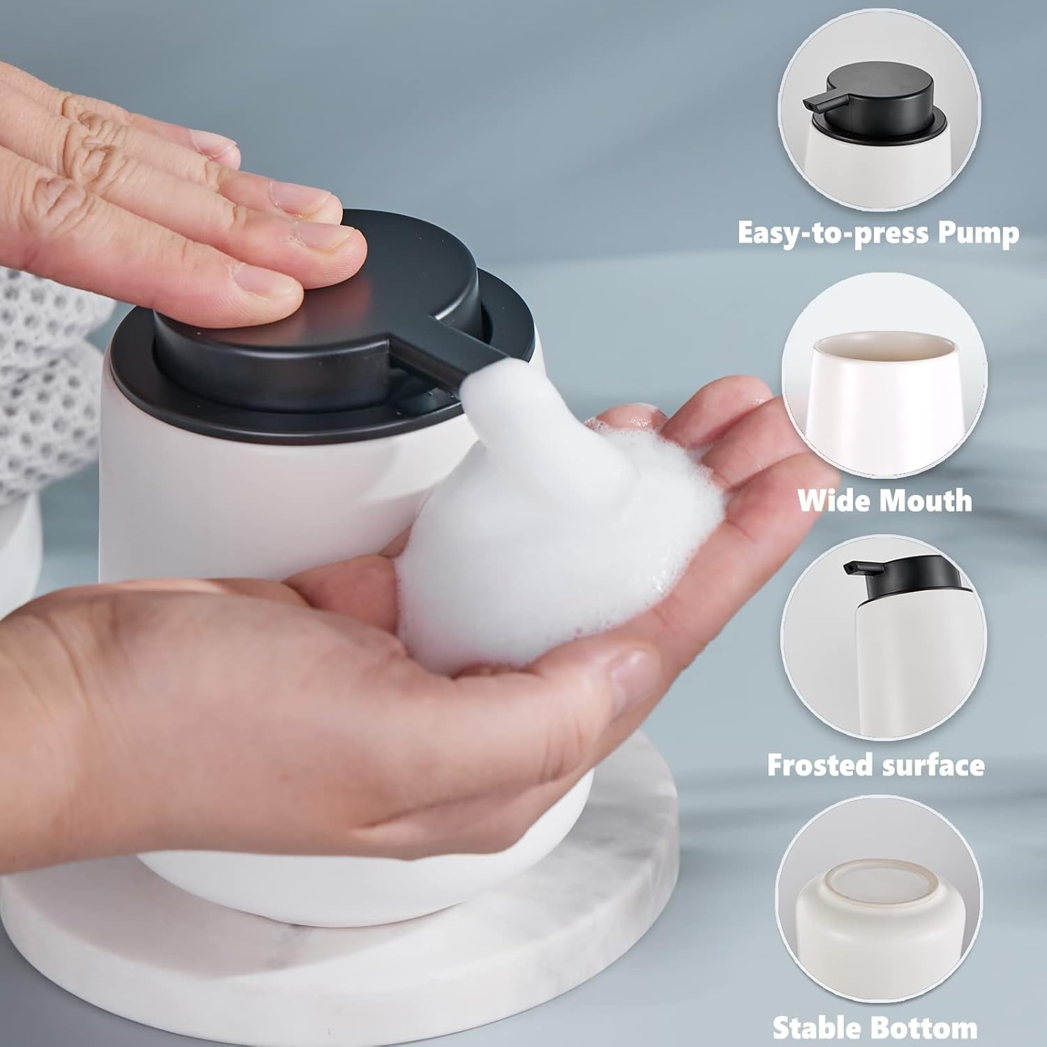 Eyrozia 12Oz White Ceramic Foam Soap Dispenser Set