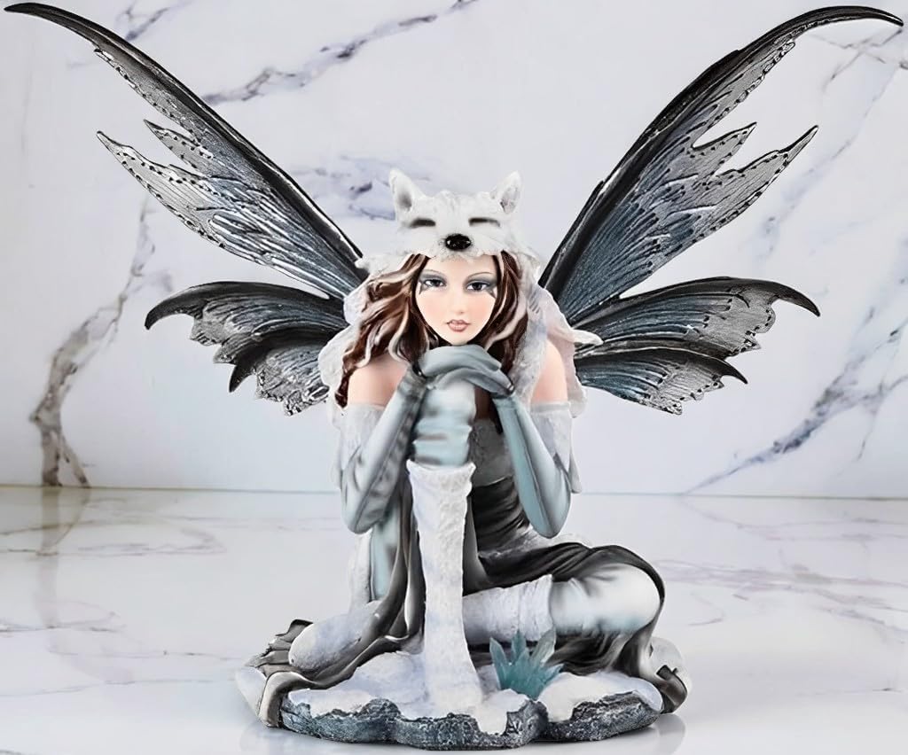 ICE ARMOR 18 W White Fairy Sitting with Wolf Cap Statue 1