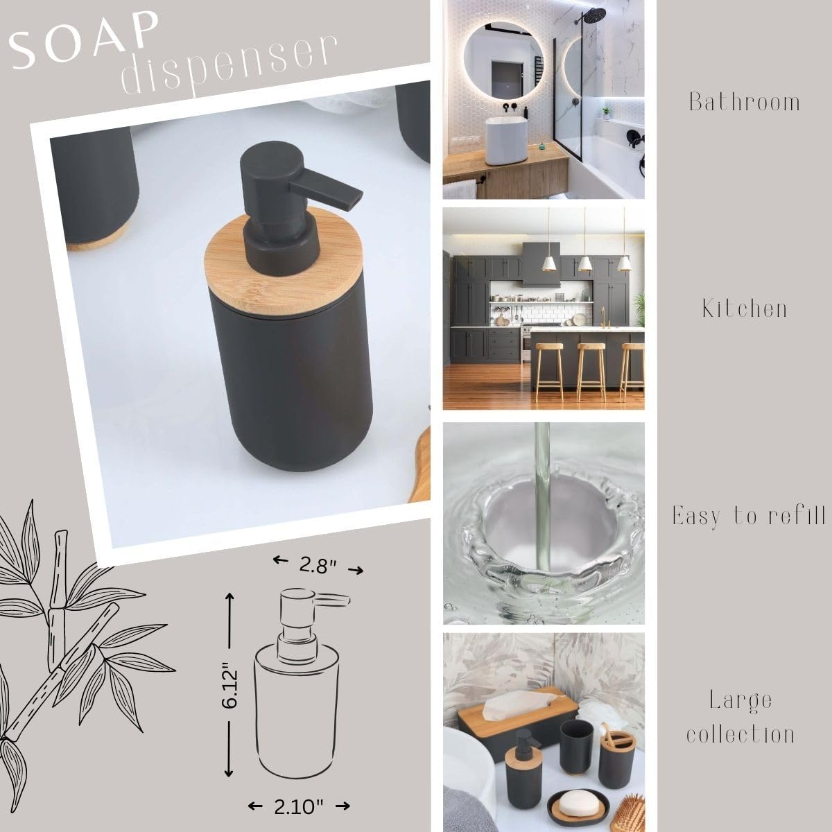 Black Soap Dispenser with Bamboo Top - 10 fl oz