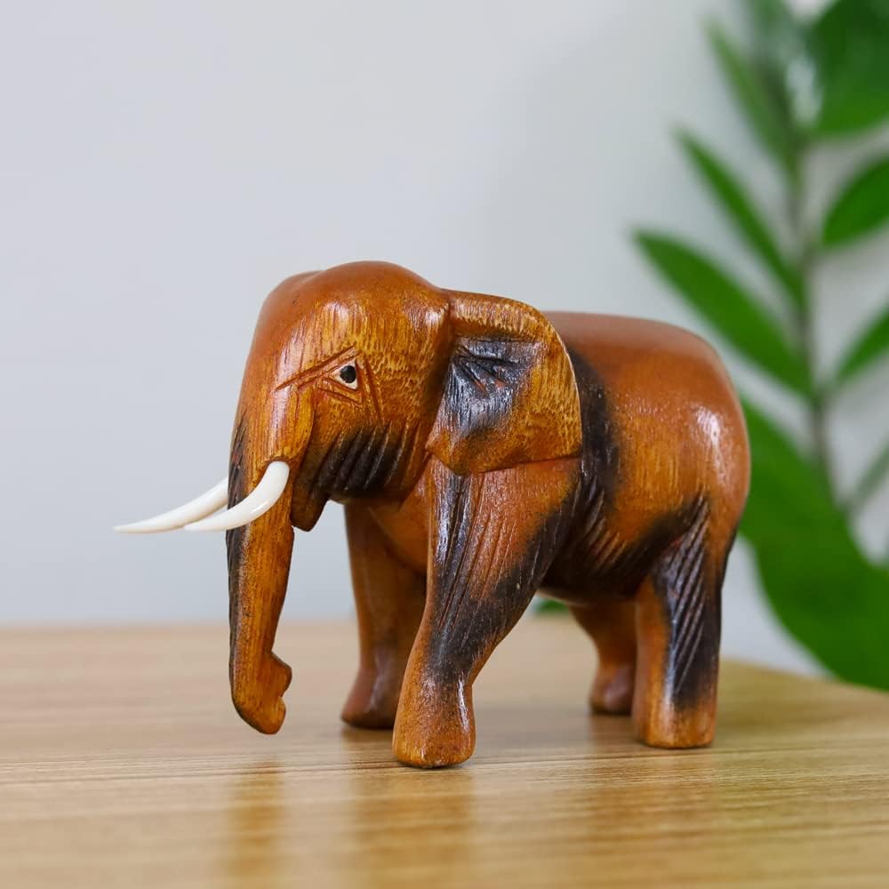 Thai Hand Carved Wooden Elephant Statue Brown